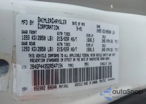 2002 Dodge Grand Caravan Sport z USA, uszkodzony, nr VIN 2B4GP44352R547194